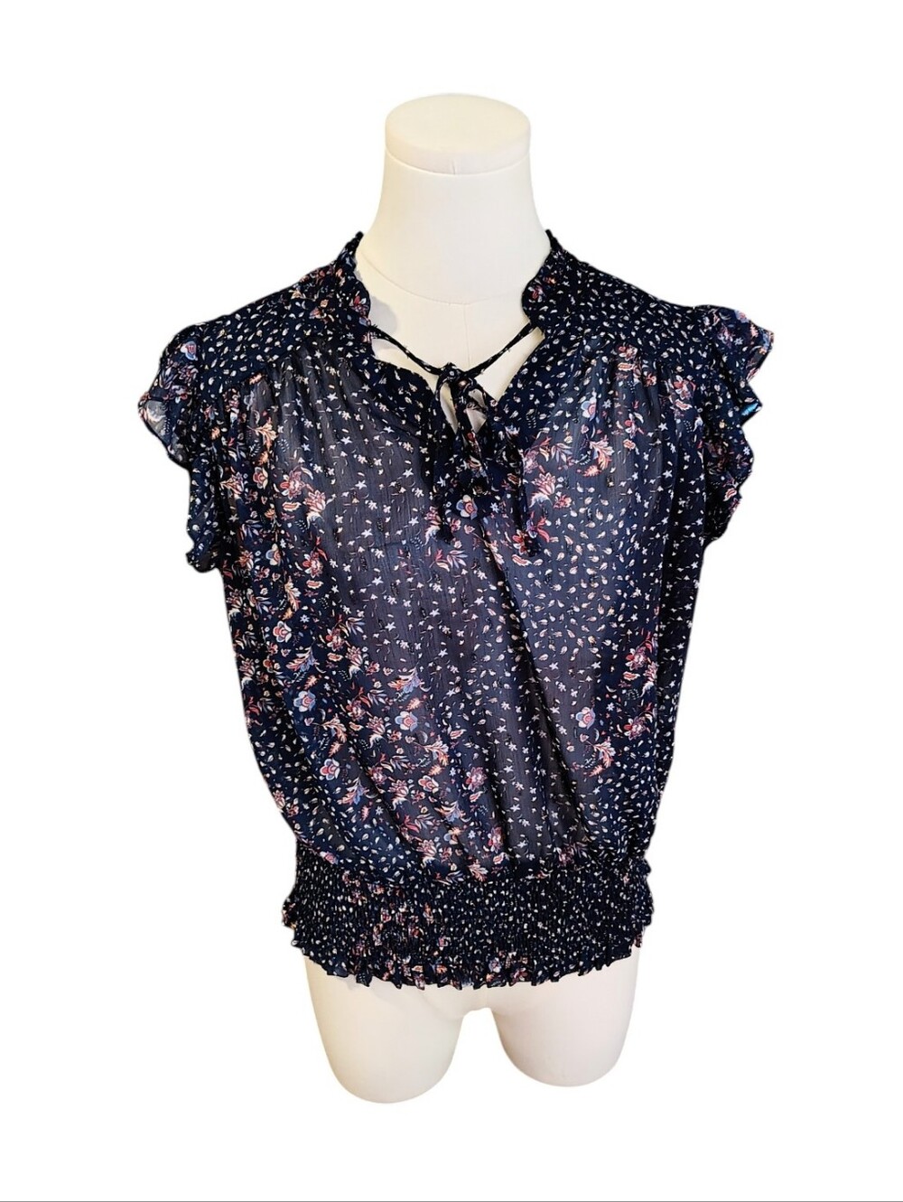 Joie Navy Blue Lavender Gold Floral Ruffled Sleeve Sheer Blouse Size Medium